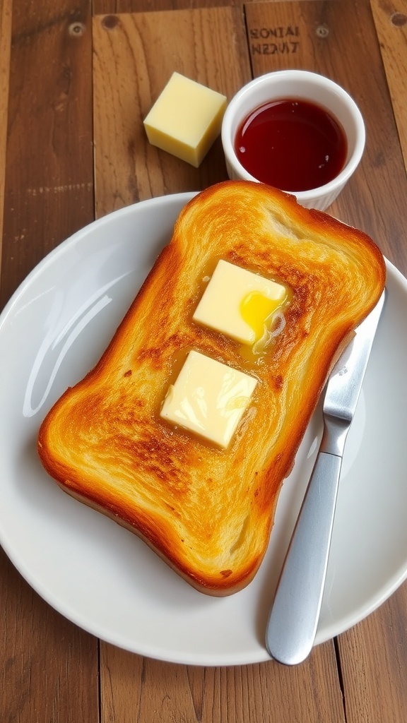 Golden brown buttered toast on a plate with melted butter, served with jam and a butter knife.